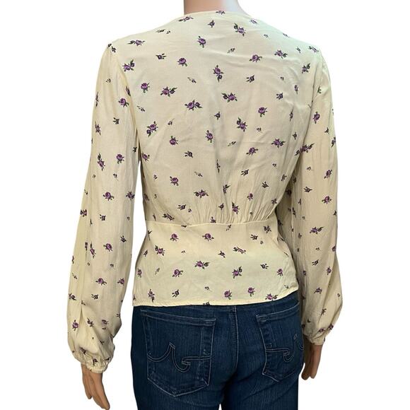 Mango Floral Button Down Blouse 4 US Peplum Hem Long Sleeve Cottagecore Coquette - Picture 3 of 10